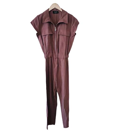 Chepe Pants - Chepe Half Zip Short Sleeve Jumpsuit Size Small Brown